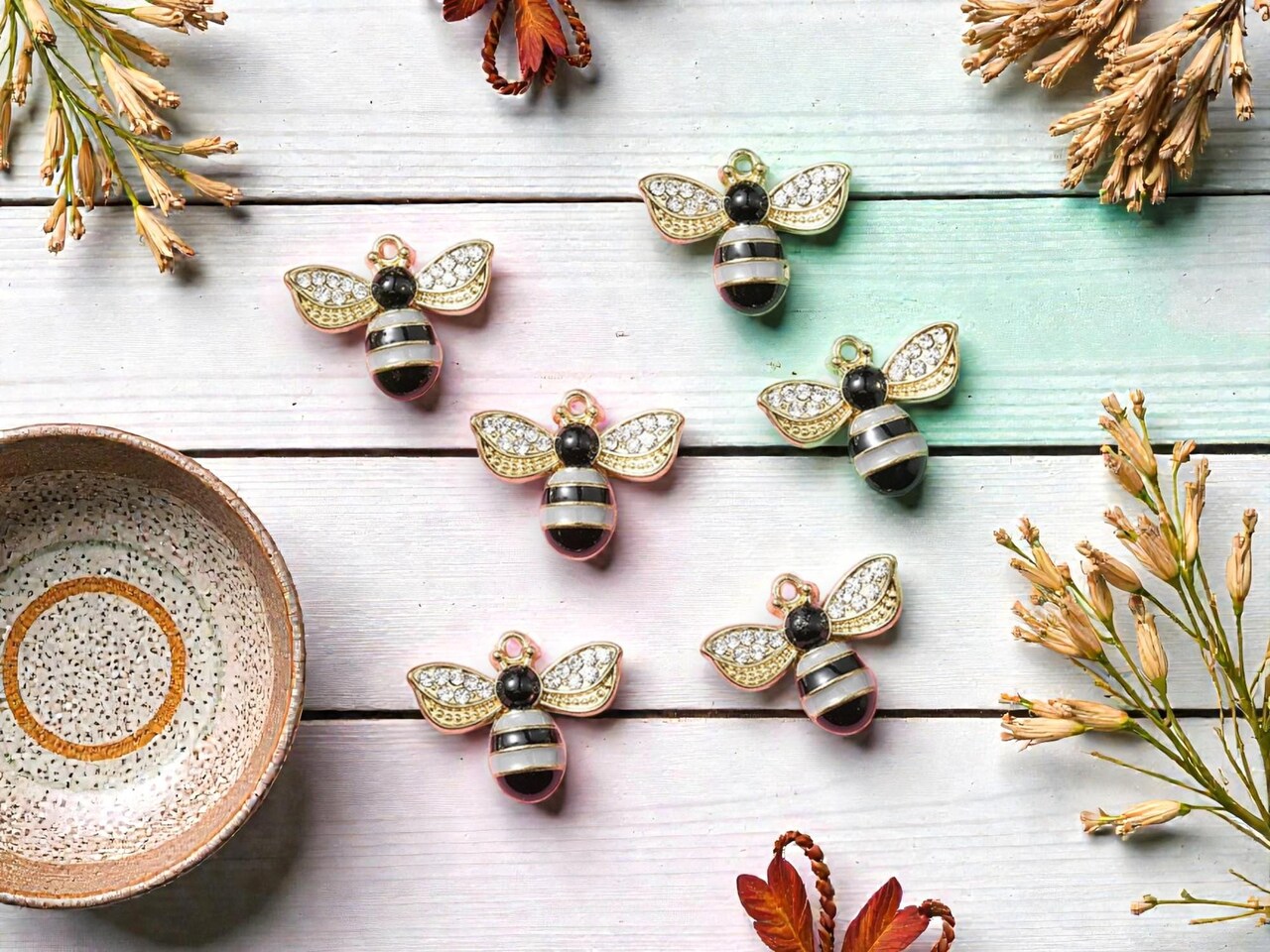 *6* 19x23mm Gold Plated Silver Enamel Rhinestone Bumble Bee Charms